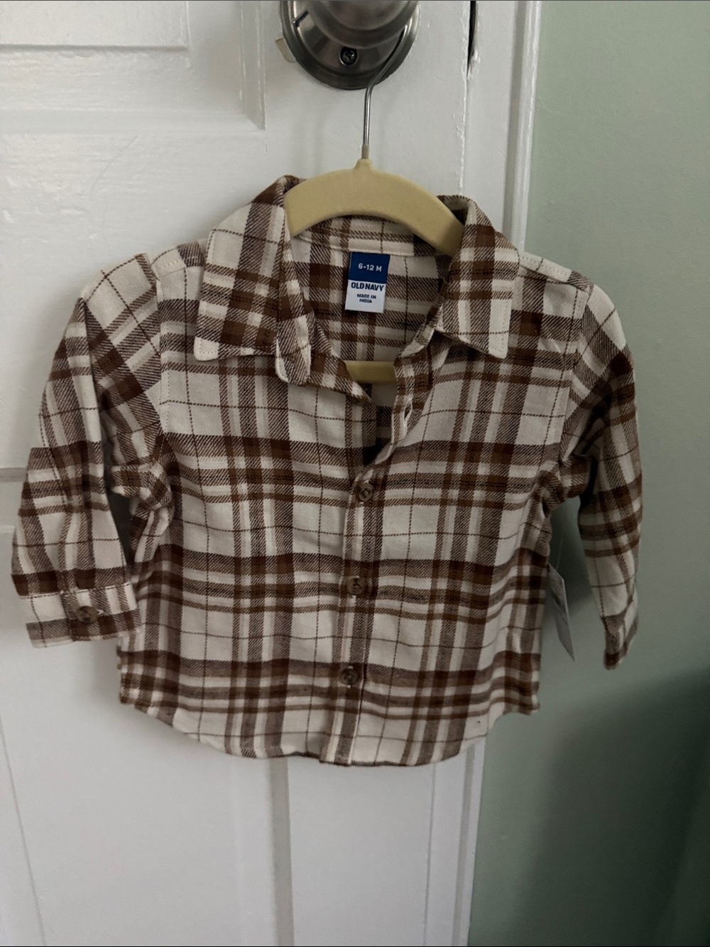 NWT Old Navy Brown & Cream Plaid Button-Down Shirt Size 6-12M